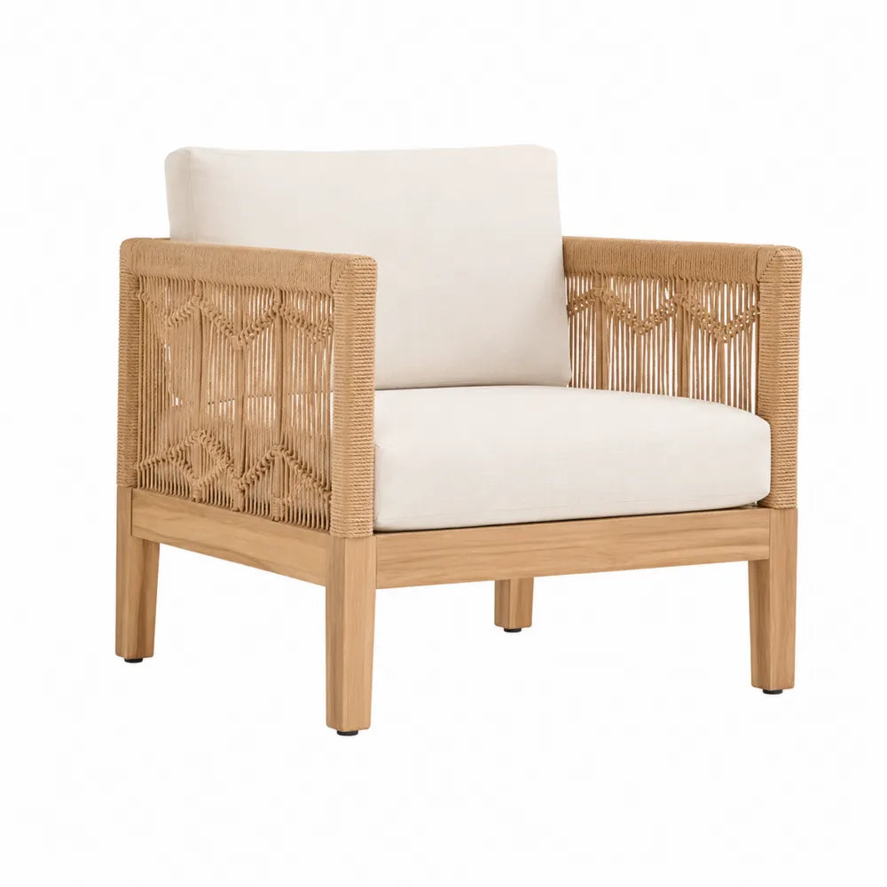 Fotel z poduszkami drewno teak i sznurkowe siedzisko 75x75x80 cm