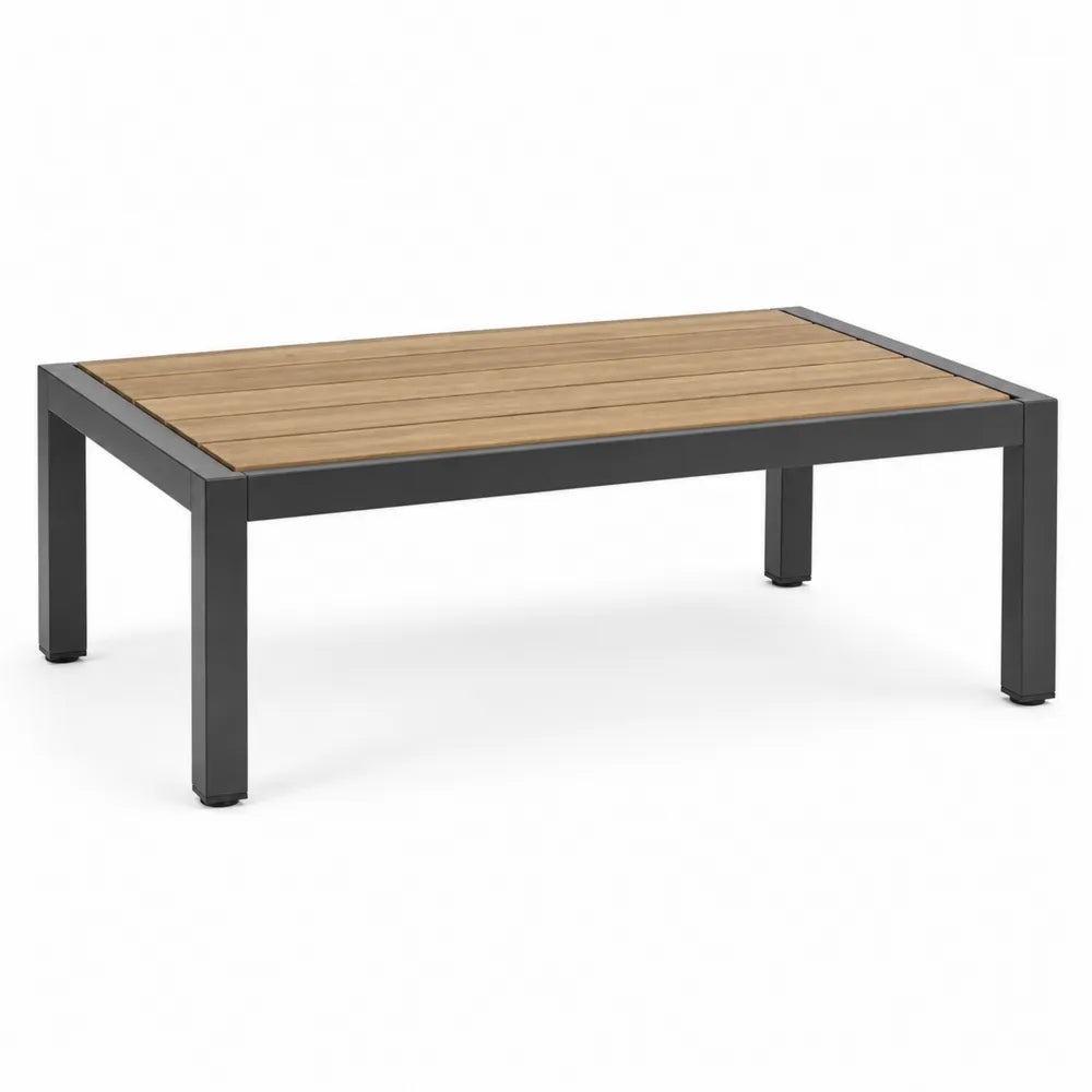 Prostokątny stolik kawowy ogrodowy aluminium i drewno teakowe 110x60x45 cm