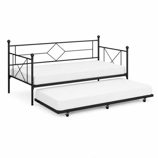 Czarna metalowa sofa rozkładana z materacami