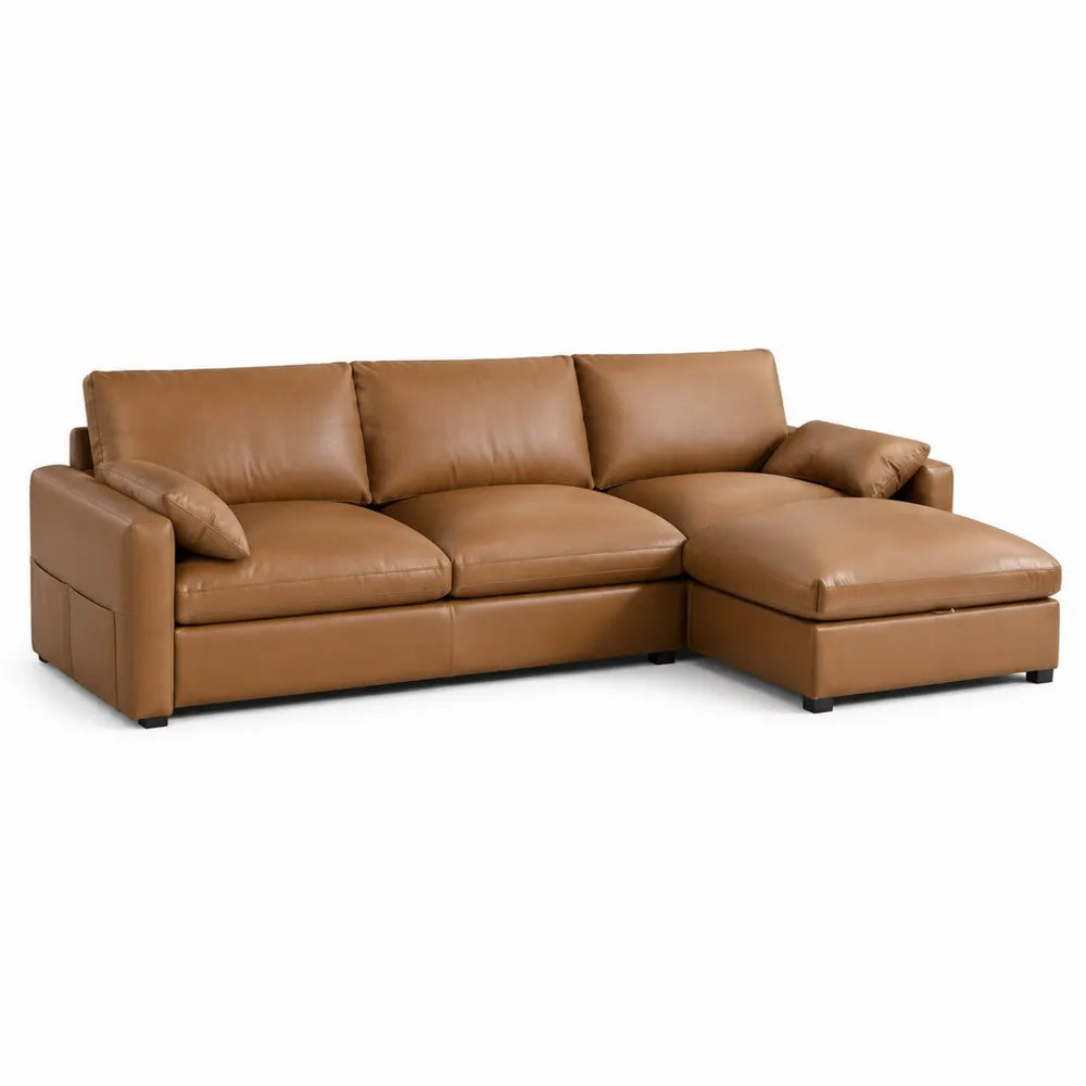 Sofa narożna skórzana brązowa z poduszkami
