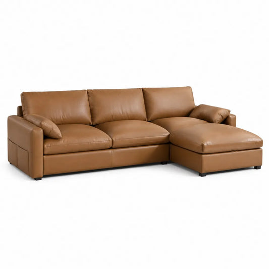 Sofa narożna skórzana brązowa z poduszkami