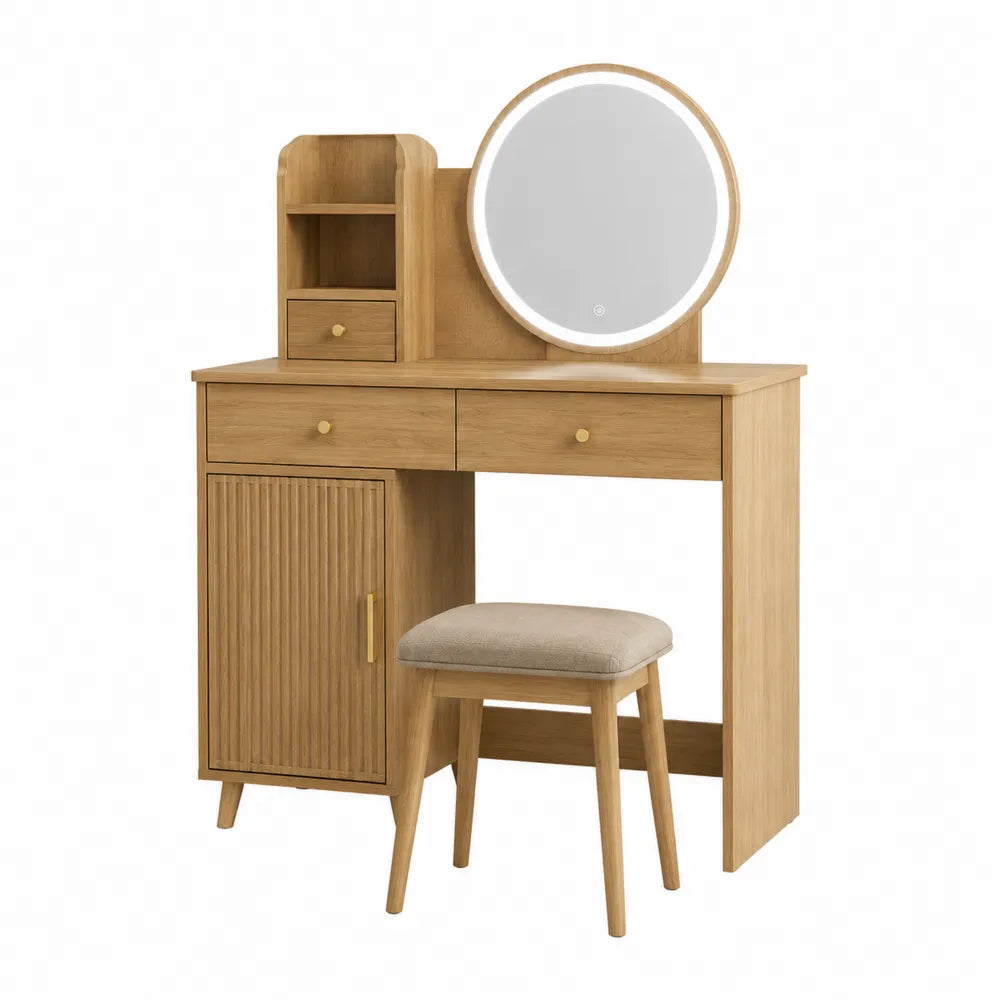 Toaletka z Lustrem Okrągłym i Taboretem z Drewna Dębowego