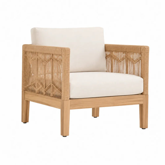 Fotel z poduszkami drewno teak i sznurkowe siedzisko 75x75x80 cm