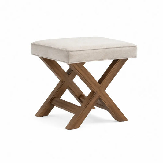 Taboret z drewna z beżowym siedziskiem 45x45x35 cm