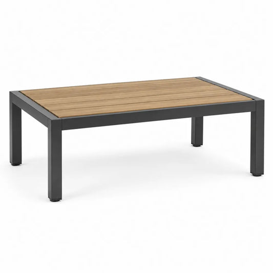 Prostokątny stolik kawowy ogrodowy aluminium i drewno teakowe 110x60x45 cm