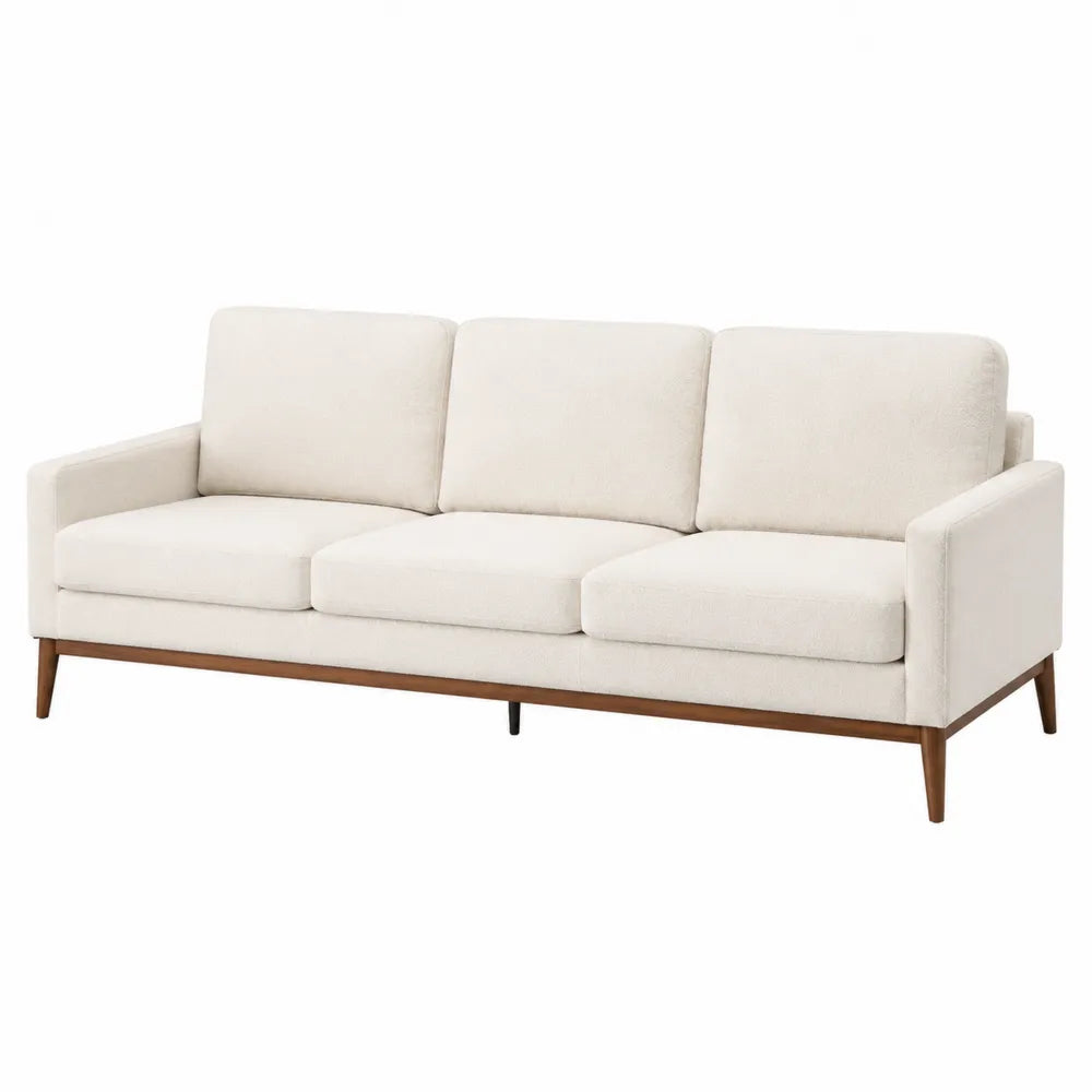 Trzyosobowa sofa kremowa z tkaniny i drewna
