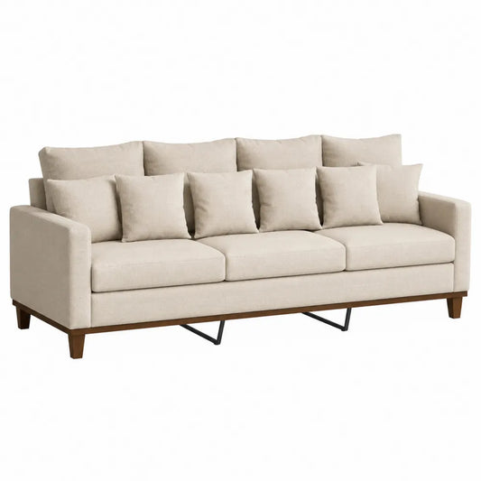Sofa trzyosobowa z tkaniny lnianej z poduszkami