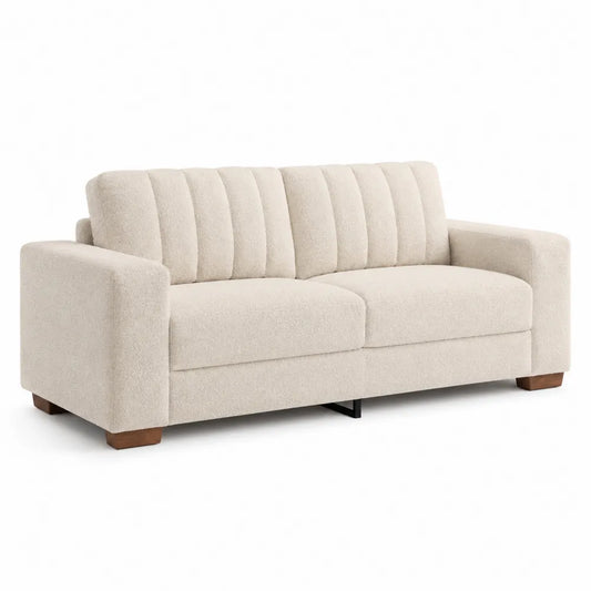 Beżowa sofa trzyosobowa z poliestru z drewnianymi nogami