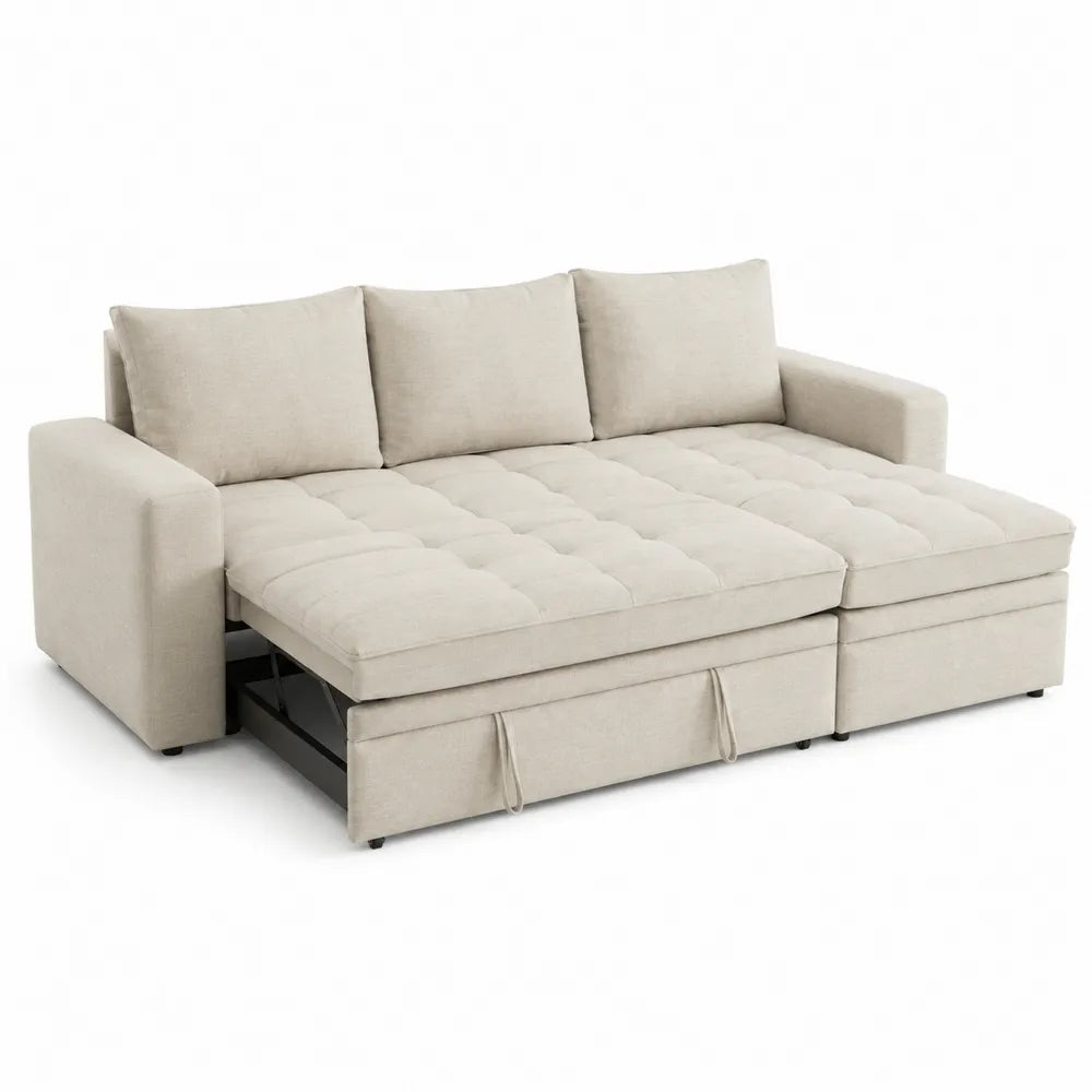 Sofa rozkładana z tkaniny poliestrowej 230x150 cm Beżowa